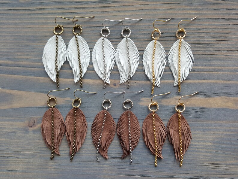 Leather feather earrings. Boho earrings. Bohemian earrings. Leather earrings. Dangle layered earrings. Native earrings. Western earrings. image 2