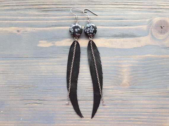 Long Feather Earrings, Leather Earrings, Leather Feather Earrings, Black Earrings, Boho Earrings, Boho Jewelry, Snowflake Obsidian Earrings