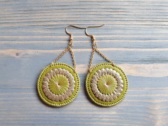 Green Leather Earrings, Statement Earrings, Bohemian Earrings, Boho Earrings, Circle Earrings, Boho Jewelry, Dangle Earrings, Disk Earrings