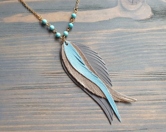 Leather Pendant Necklace, Leather Feather Necklace, Gold Chain Necklace, Feather Pendant Necklace
