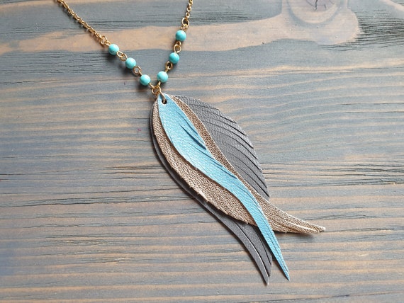 Leather Pendant Necklace, Leather Feather Necklace, Gold Chain Necklace, Feather Pendant Necklace