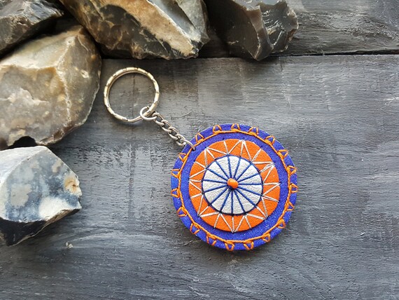 Mandala keychain. Leather keychain. Handmade boho keyring. Keyfob. Tribal keychain. Leather accessories. Boho keychain. Blue keychain.