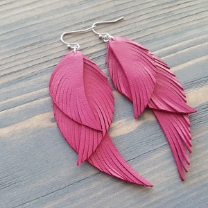 Fuchsia pink earrings. Pink leather earrings. Leather feather earrings. Long feather earrings. Bohemian earrings. Boho earrings. Boho chic. image 2