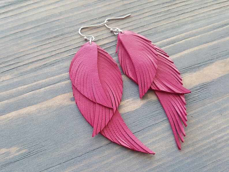 Fuchsia pink earrings. Pink leather earrings. Leather feather earrings. Long feather earrings. Bohemian earrings. Boho earrings. Boho chic. image 2