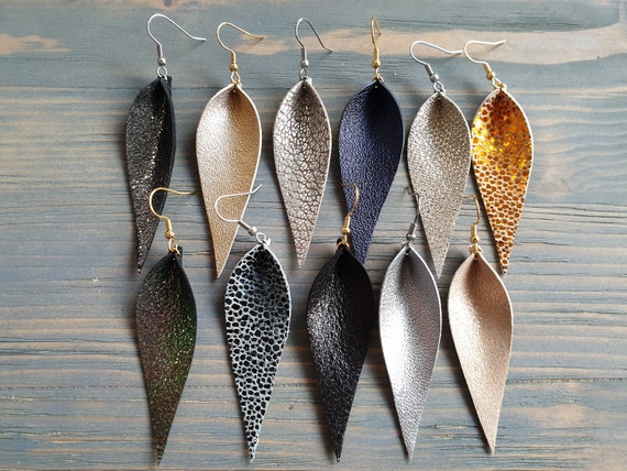 Thin Leather Leaf Earrings, Shiny Leather Earrings, Long Drop Earrings, Lightweight Earrings, Simple Everyday Earrings, Leather Jewelry