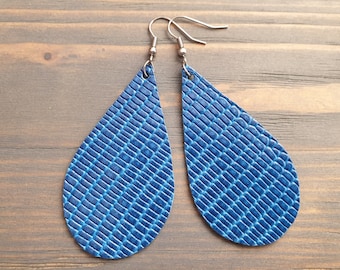 Royal Blue Leather Earrings, Casual Earrings, Leather Teardrop Earrings, Boho Earrings, Genuine Leather, Lightweight Earrings