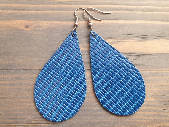 Royal Blue Leather Earrings, Casual Earrings, Leather Teardrop Earrings, Boho Earrings, Genuine Leather, Lightweight Earrings