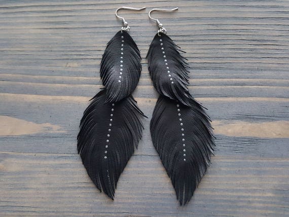 Extra long bohemian earrings. Boho earrings. Leather earrings. Feather earrings. Leather feather earrings. Hippie earrings. Boho jewelry.