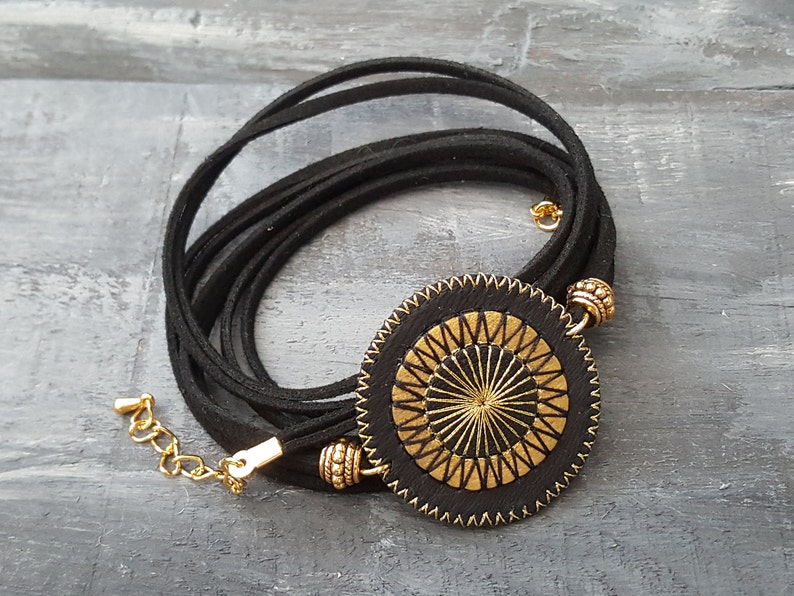 Leather wrap bracelet. Black wrap bracelet. Bohemian wrap bracelet. Boho bracelet. Leather cuff bracelet. Mandala bracelet. Layered bracelet image 2