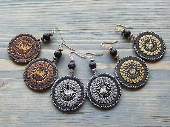 Leather earrings Circle earrings Round earrings Boho earrings Tribal earrings boho jewelry Leather disc earrings Leather drop earrings