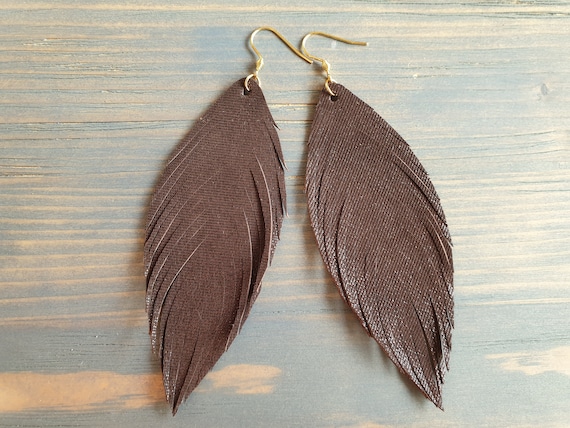 Brown Leather Earrings, Feather Earrings, Long Earrings, Large Lightweight Earrings, Boho Earrings, Trendy Earrings, Fashion Accessories