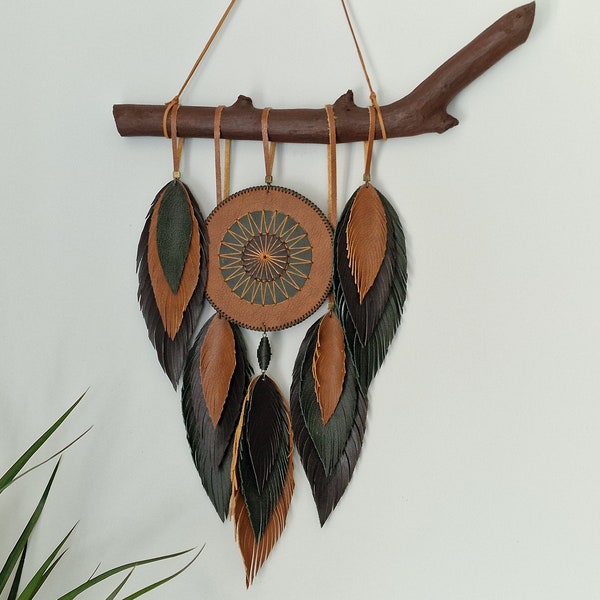 Bohemian Wall Hanging, Handmade Genuine Leather Wall Hanging, Boho Wall Hanging, Wall Decor, Boho Wall Art, Mandala Feathers Wall Hanging