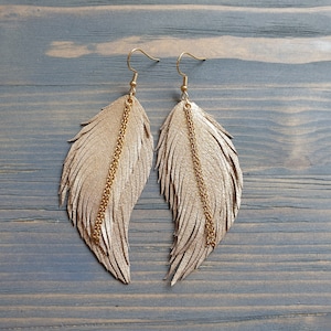 Gold Feather Earrings, Statement Earrings, Leather Earrings, Boho Earrings, Large Earrings, Lightweight Earrings, Leather Feather earrings