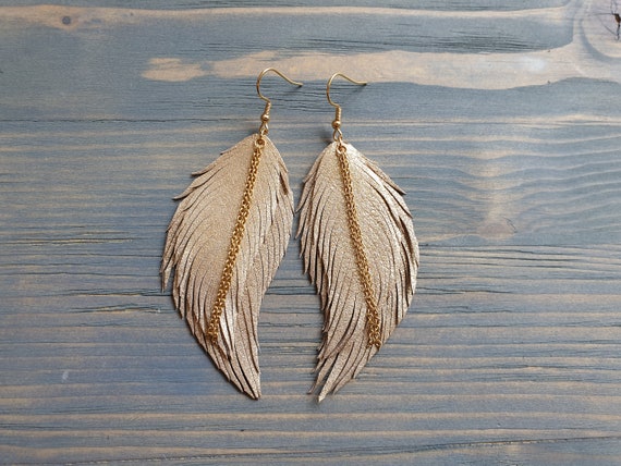 Gold Feather Earrings, Statement Earrings, Leather Earrings, Boho Earrings, Large Earrings, Lightweight Earrings, Leather Feather earrings
