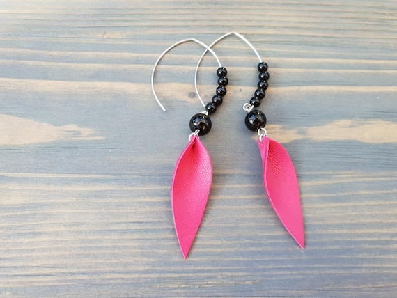 Hot Pink Black and Silver Leather Earrings Black Agate Earrings Boho Jewelry Bright Leather Leaf Earrings Beaded Earrings Long Earrings