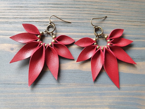 Statement Earrings, Large Red Hoop Earrings, Leather Earrings, Leather Petal Earrings, Leather Leaf Earrings, Bohemian Earrings.