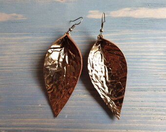 Bronze Leather Leaf Earrings, Genuine Leather Earrings, Large Leather Leaf Earrings, Glossy Earrings, Bohemian Earrings, Western Earrings
