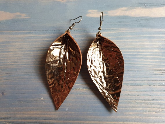 Bronze Leather Leaf Earrings, Genuine Leather Earrings, Large Leather Leaf Earrings, Glossy Earrings, Bohemian Earrings, Western Earrings