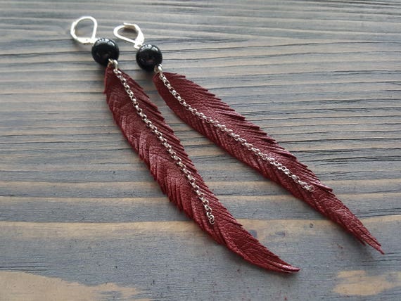 Black Agate Bead Earrings with Long Red Leather Feathers. Long Silver Bohemian Earrings. Leather Boho Earrings. Boho Style Jewelry.