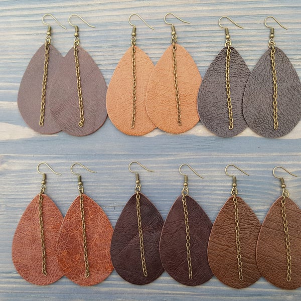 Classic Leather Earrings  Statement Earrings  Brown Genuine Leather Teardrop Earrings Jewelry Fashion Big Earrings Trendy Jewelry