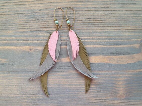 Long Feather Earrings, Statement Earrings, Boho Earrings, Bohemian Earrings, Leather Earrings, Handmade Earrings, Long Dangle Earrings
