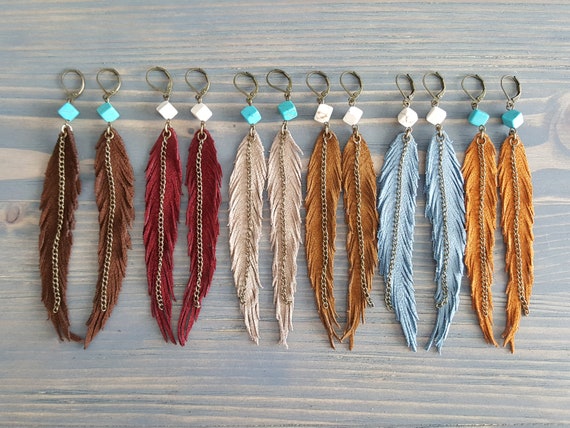 Long Earrings. Statement Earrings. Leather Earrings. Gemstone Bohemian Earrings. Boho Earrings. Leather Feather Earrings. Statement Jewelry.