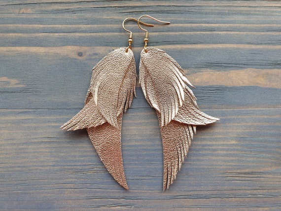 Gold Feather Earrings, Leather Feather Earrings, Leather Earrings, Layered Leather Earrings, Gold Earrings, Statement Earrings, Boho Jewelry