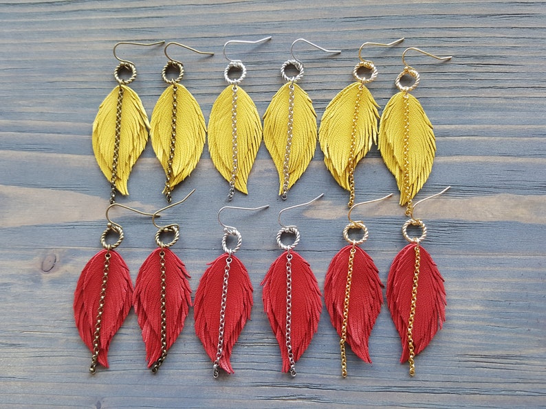 Leather feather earrings. Boho earrings. Bohemian earrings. Leather earrings. Dangle layered earrings. Native earrings. Western earrings. image 6