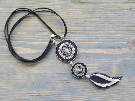 Long Bohemian Necklace. Leather Feather Necklace. Long Boho Necklace. Black Leather Necklace. Silver Statement Necklace. Bohemian Jewelry.