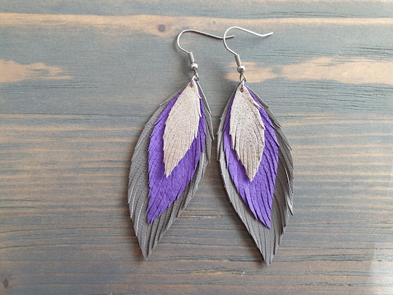 Leather Earrings, Grey Purple Silver Earrings, Leather Feather Earrings, Layered Leather Earrings, Statement Earrings, Bohemian Earrings