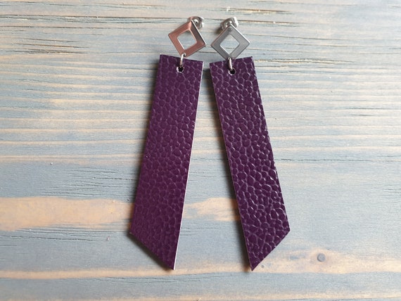Leather Earrings, Silver Stud Earrings, Purple Earrings, Geometric Earrings, Leather Bar Earrings, Long Dangle Earrings, Simple Earrings