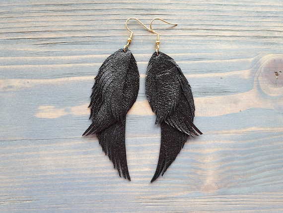 Black Feather Earrings, Leather Feather Earrings, Boho Earrings, Leather Earrings, Statement Earrings, Black Earrings, Boho Jewelry For Her