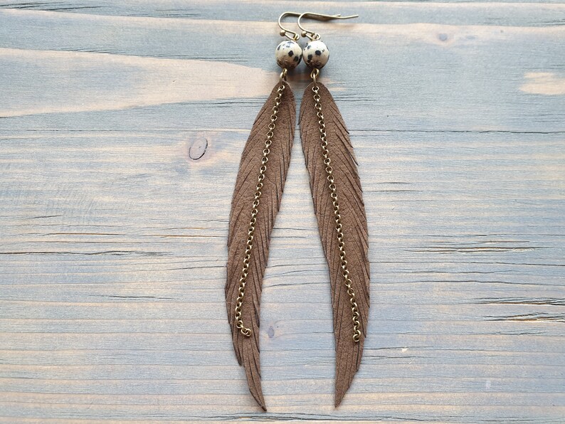 Long Feather Earrings Bohemian Earrings Gemstone Leather Earrings Bohemian Jewelry Long Leather Feather Earrings Boho Tribal Earrings. image 4