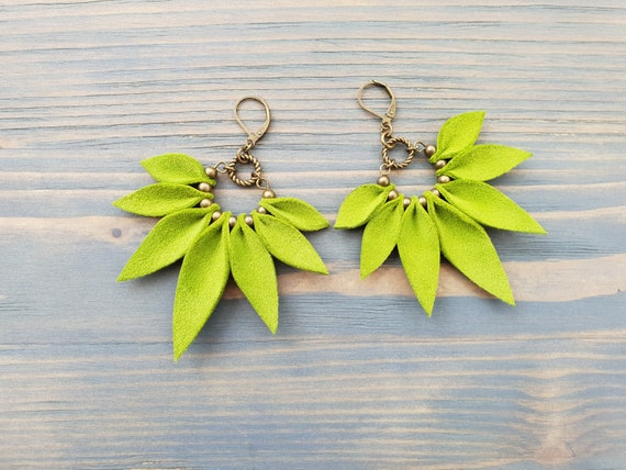 Green earrings, Leather earrings, Green leather earrings, Boho earrings, Boho jewelry, Statement earrings, Large earrings, Bronze earrings