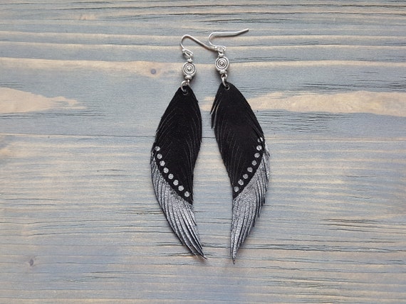 Bohemian Earrings. Leather Feather Earrings. Long Earrings. Black Suede Earrings. Boho Earrings Silver and Black Earrings Statement Earrings