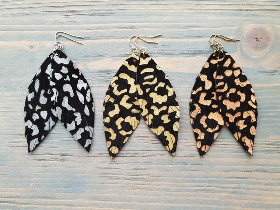 Leopard Print Earrings, Leather Earrings, Feather Earrings, Boho Earrings, Leather Feather Earrings, Boho Jewelry, Bohemian Earrings