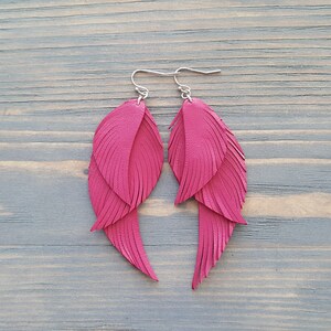 Fuchsia pink earrings. Pink leather earrings. Leather feather earrings. Long feather earrings. Bohemian earrings. Boho earrings. Boho chic. image 4