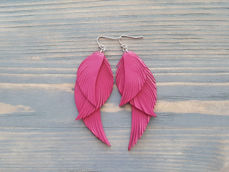 Fuchsia pink earrings. Pink leather earrings. Leather feather earrings. Long feather earrings. Bohemian earrings. Boho earrings. Boho chic. image 4