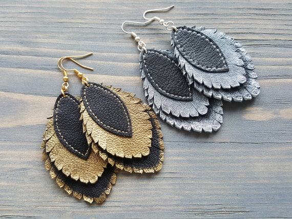 Layered Leather Earrings. Large Statement Earrings. Boho Leaf Earrings. Leather feather earrings. Dangle Bohemian Earrings Boho chic jewelry