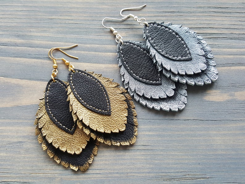 Layered Leather Earrings. Large Statement Earrings. Boho Leaf Etsy
