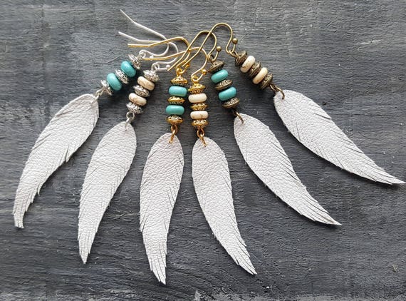 White feather earrings. Leather feather earrings. Gemstone beaded earrings. Long drop earrings. Boho earrings. Bohemian earrings.