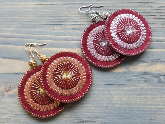 Large Circle Earrings, Bohemian Earrings, Statement Earrings, Burgundy Leather Earrings, Embroidered Boho Earrings. Large Dangle Earrings.
