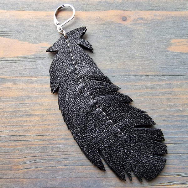 Black Leather Earring, Mono Earring, Leather feather Earring, Large Single Earring, Handmade Boho Earring, Bohemian Earring, Accessories