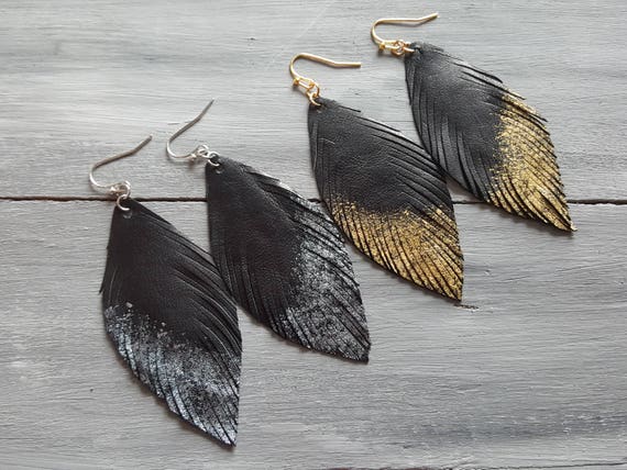 Handmade Genuine Black Leather Feather Earrings, Long Boho Feather Earrings, Bohemian Feather Jewelry, Feather Shape Earrings Boho Jewellery