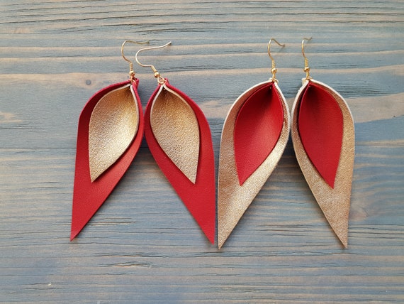 Leather Leaf Earrings, Leather Earrings, Large Leaf Earrings, Lightweight Earrings, Red Earrings, Handmade Earrings, Genuine Leather