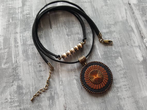 Bronze Leather Necklace. Black Suede Choker. Gemstone Bar Necklace. Bohemian Pendant Necklace. Boho Choker. Boho necklace. Bohemian Jewelry.