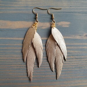 Gold Feather Earrings, Leather Feather Earrings, Triple Layered Leather Earrings, Dangle Earrings, Leather, Feathers, Boho Earrings