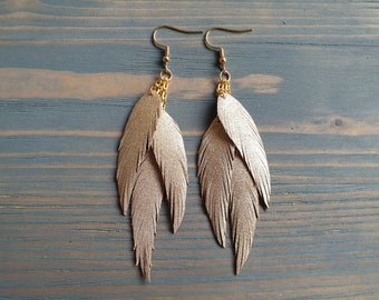 Gold Feather Earrings, Leather Feather Earrings, Triple Layered Leather Earrings, Dangle Earrings, Leather, Feathers, Boho Earrings