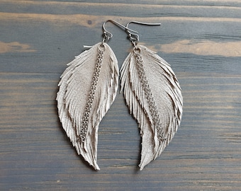 Silver Feather Earrings, Leather Earrings, Leather Feather Earrings, Boho Earrings, Large Silver Earrings, Statement Earrings Bohemian