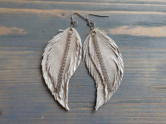 Silver Feather Earrings, Leather Earrings, Leather Feather Earrings, Boho Earrings, Large Silver Earrings, Statement Earrings Bohemian